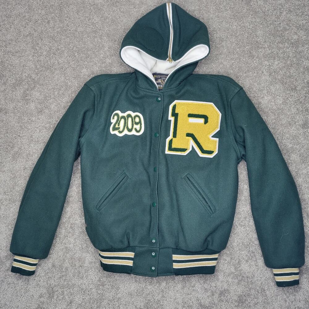 Holloway 2009 Green Varsity Wool Letterman Jacket Split Zip Hood Mens Size S